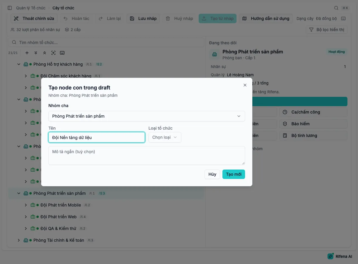 Hộp thoại Tạo node con trong draft với nhóm cha, tên, loại tổ chức và mô tả ngắn