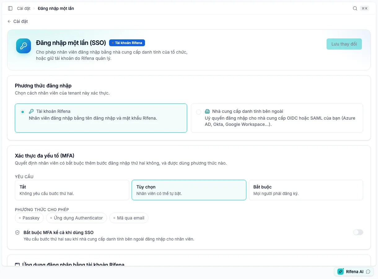 Single sign-on screen with Rifena accounts, an external identity provider and MFA choices